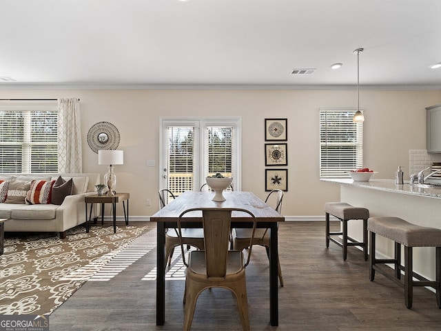 366 Lost Creek Blvd, Dallas, GA 30132 - dining room featuring ornamental molding, baseboards, healthy amount of natural light, dark wood-type flooring, and recessed lighting