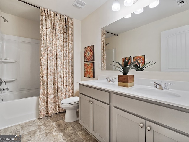 366 Lost Creek Blvd, Dallas, GA 30132 - full bath featuring toilet, double vanity, and shower / bath combination with curtain