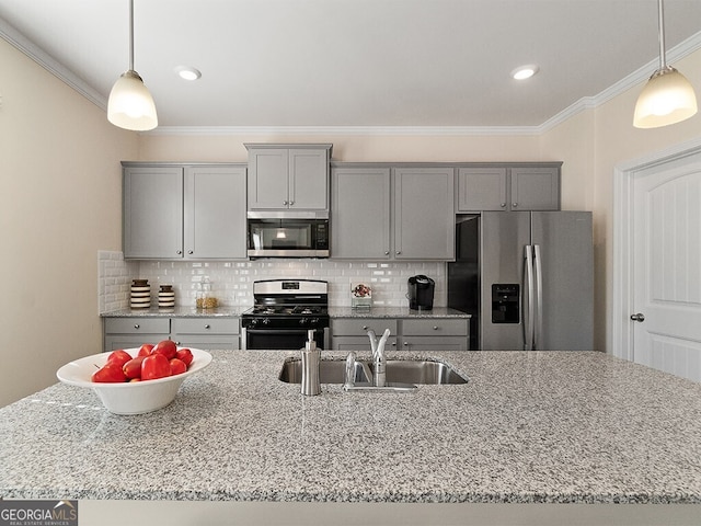 366 Lost Creek Blvd, Dallas, GA 30132 - kitchen featuring stainless steel appliances, gray cabinetry, a sink, ornamental molding, and decorative backsplash