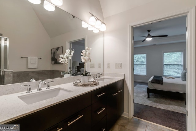 7850 Willoughby Ct, Alpharetta, GA 30005 - full bathroom featuring ensuite bathroom, double vanity, vaulted ceiling, and ceiling fan