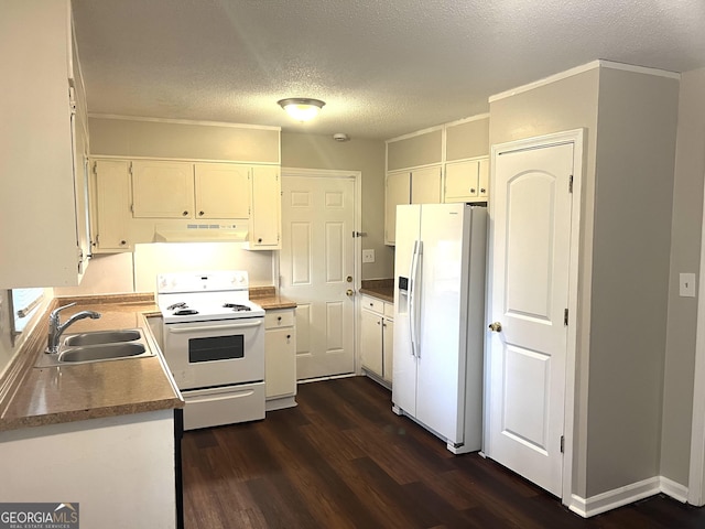 4196 Lehigh Blvd, Decatur, GA 30034 - kitchen with white appliances, under cabinet range hood, a sink, dark wood-style floors, and a textured ceiling