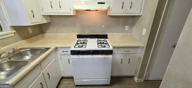 3226 Bruckner Blvd, Snellville, GA 30078 - kitchen featuring white range with gas cooktop, exhaust hood, a sink, light countertops, and white cabinets