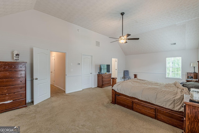 118 Surge Stone Ln, Stockbridge, GA 30281 - bedroom with light colored carpet, high vaulted ceiling, and ceiling fan