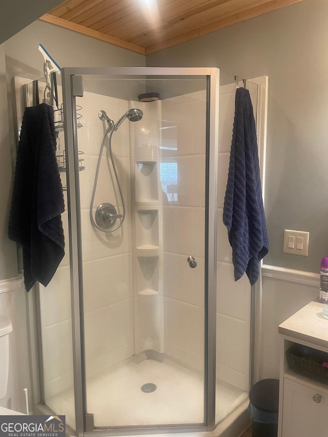 32 Yogi Bear Blvd, Cleveland, GA 30528 - bathroom with wooden ceiling, a stall shower, and vanity