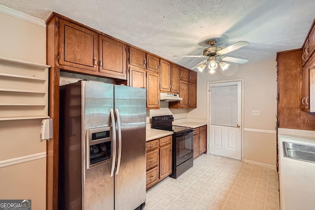 1739 Brandy Woods Trl SE, Conyers, GA 30013 - kitchen with stainless steel fridge, black range with electric cooktop, under cabinet range hood, a ceiling fan, and brown cabinets