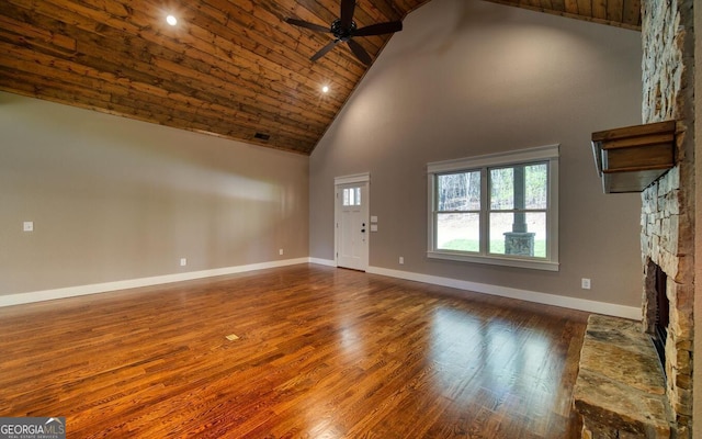 2628 Rolling River Dr, Hiawassee, GA 30546 - unfurnished living room featuring high vaulted ceiling, wood finished floors, wooden ceiling, a ceiling fan, and baseboards