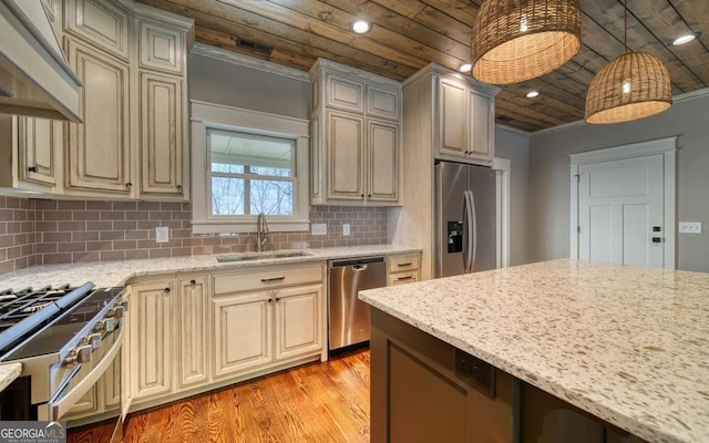 2628 Rolling River Dr, Hiawassee, GA 30546 - kitchen featuring stainless steel appliances, wood ceiling, a sink, custom range hood, and light wood finished floors