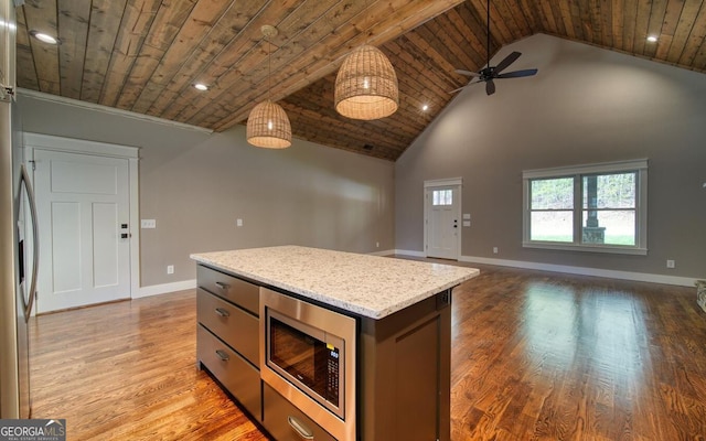 2628 Rolling River Dr, Hiawassee, GA 30546 - kitchen featuring stainless steel appliances, wooden ceiling, high vaulted ceiling, a kitchen island, and light wood finished floors