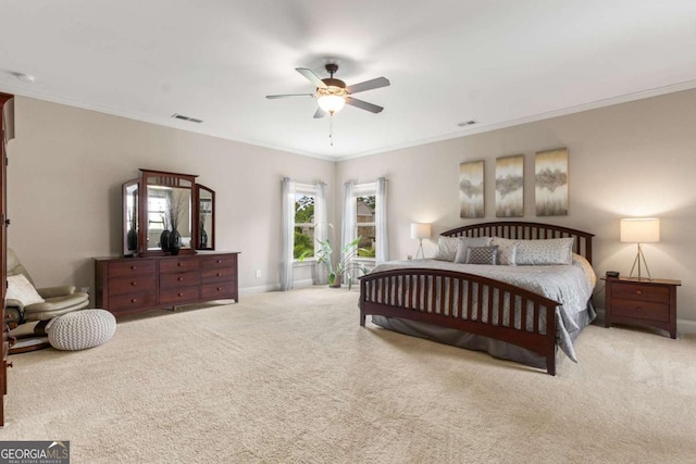 5830 Caveat Ct, Suwanee, GA 30024 - bedroom with carpet, ornamental molding, and a ceiling fan
