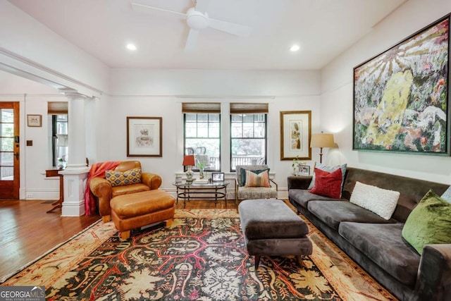 781 Boulevard, Athens, GA 30601 - living area featuring wood finished floors, plenty of natural light, decorative columns, ceiling fan, and recessed lighting