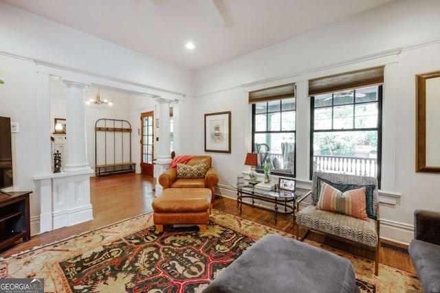 781 Boulevard, Athens, GA 30601 - living area with decorative columns, wood finished floors, and recessed lighting