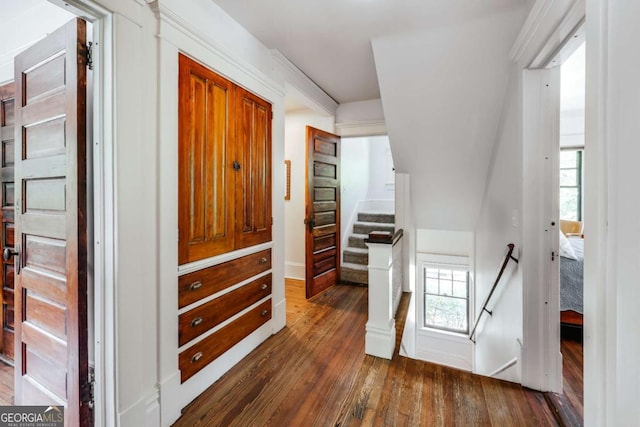 781 Boulevard, Athens, GA 30601 - hall featuring dark wood-style flooring, an upstairs landing, baseboards, and healthy amount of natural light