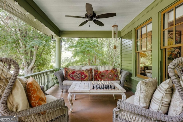 781 Boulevard, Athens, GA 30601 - porch featuring ceiling fan and an outdoor living space with a fire pit