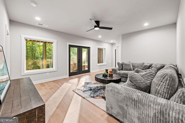 980 Bridge Rd, Ellijay, GA 30540 - living room with french doors, a ceiling fan, wood finished floors, and recessed lighting