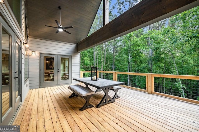980 Bridge Rd, Ellijay, GA 30540 - wooden terrace with french doors, a ceiling fan, and outdoor dining space