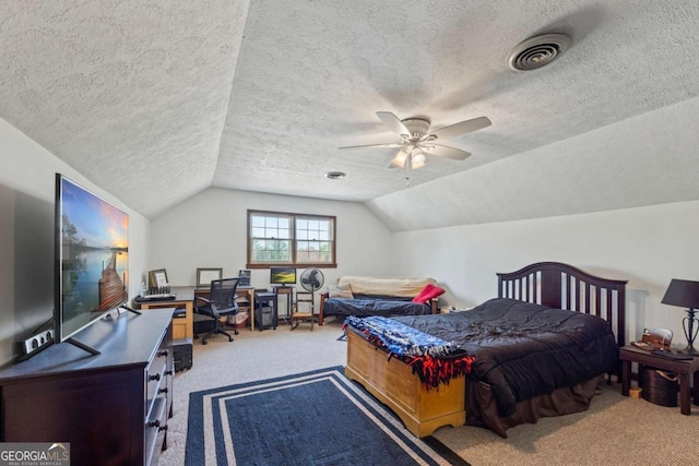 2019 Wiltshire Pl, Snellville, GA 30078 - bedroom with carpet flooring, a desk, a textured ceiling, lofted ceiling, and ceiling fan
