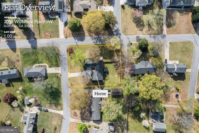 2019 Wiltshire Pl, Snellville, GA 30078 - aerial perspective of suburban area with property boundaries highlighted