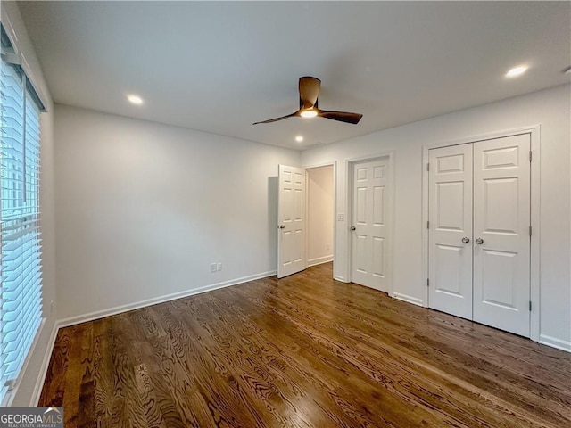 365 Morning Dew Cir, Roswell, GA 30075 - unfurnished bedroom with dark wood-style floors, recessed lighting, baseboards, and ceiling fan
