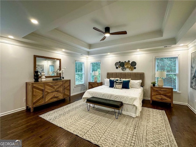 365 Morning Dew Cir, Roswell, GA 30075 - bedroom with ornamental molding, multiple windows, wood finished floors, a raised ceiling, and ceiling fan