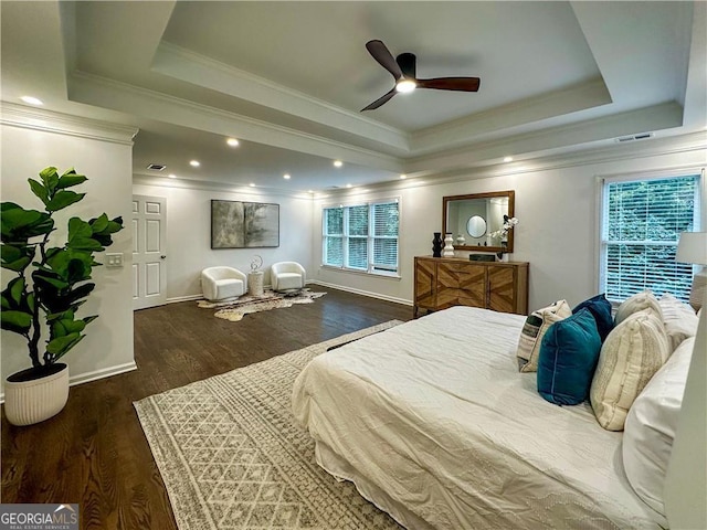 365 Morning Dew Cir, Roswell, GA 30075 - bedroom featuring a raised ceiling, wood finished floors, crown molding, baseboards, and a ceiling fan