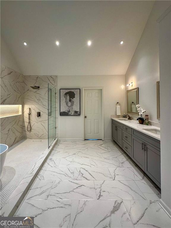 365 Morning Dew Cir, Roswell, GA 30075 - bathroom featuring lofted ceiling, a marble finish shower, marble finish flooring, double vanity, and recessed lighting