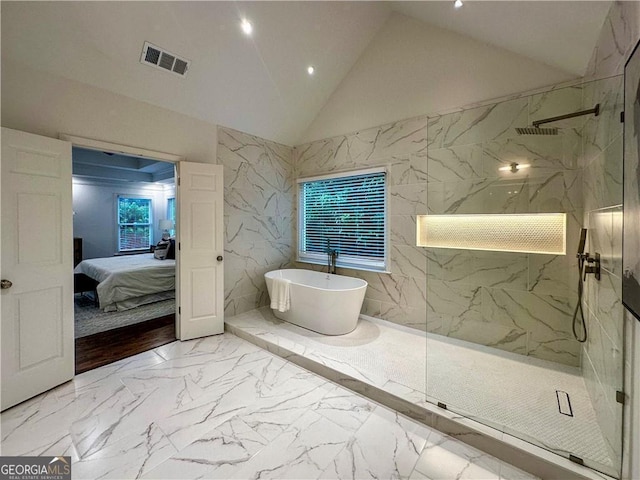 365 Morning Dew Cir, Roswell, GA 30075 - bathroom featuring marble finish floors, a marble finish shower, a freestanding tub, connected bathroom, and recessed lighting