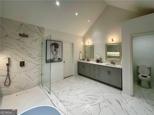 365 Morning Dew Cir, Roswell, GA 30075 - bathroom featuring marble look tile flooring, a marble finish shower, double vanity, toilet, and recessed lighting