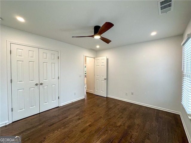 365 Morning Dew Cir, Roswell, GA 30075 - unfurnished bedroom featuring dark wood-style floors, baseboards, recessed lighting, a closet, and a ceiling fan