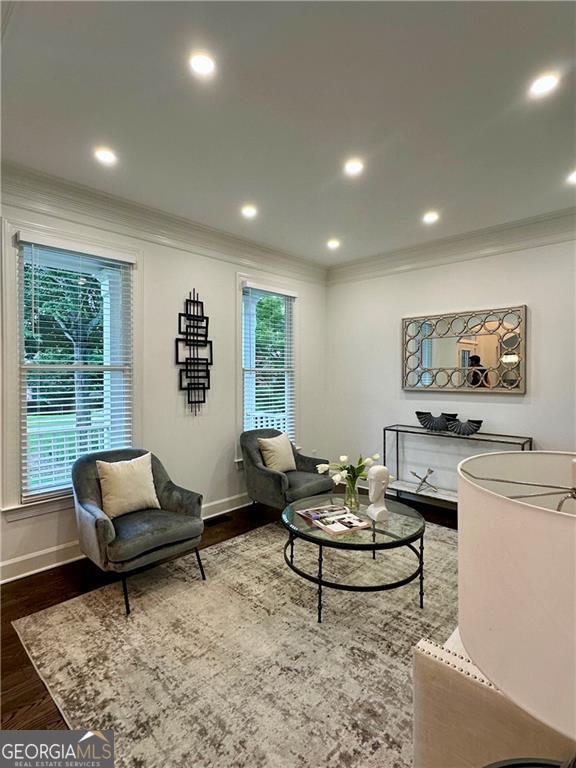 365 Morning Dew Cir, Roswell, GA 30075 - living room with crown molding, baseboards, dark wood-type flooring, and recessed lighting