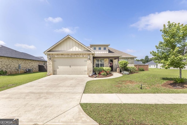 213 Barnyard Way, Perry, GA 31069 - view of front of home with a front yard, an attached garage, brick siding, driveway, and central AC unit