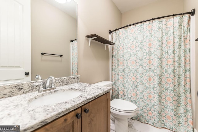 213 Barnyard Way, Perry, GA 31069 - bathroom featuring vanity, toilet, marble look tiles, and a shower with curtain