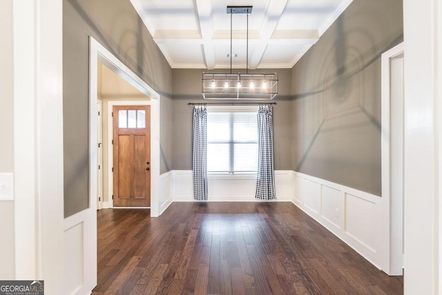 213 Barnyard Way, Perry, GA 31069 - foyer with dark wood-style flooring, beamed ceiling, coffered ceiling, ornamental molding, and a wainscoted wall