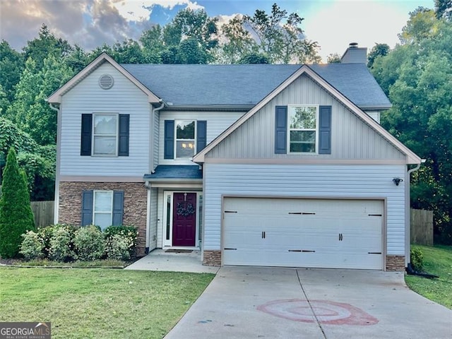 37 Frost, Dawsonville, GA 30534 - view of front of house with stone siding, driveway, board and batten siding, and a chimney