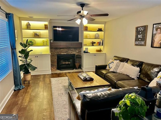 37 Frost Ln, Dawsonville, GA 30534 - living room with ceiling fan, wood finished floors, built in features, and baseboards