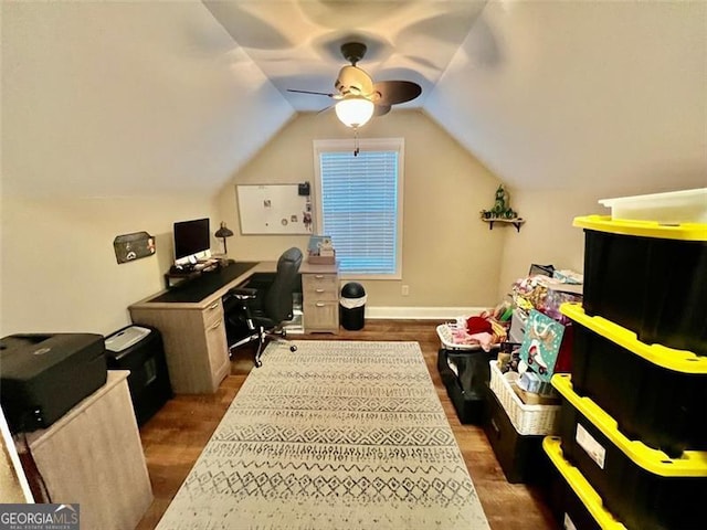 37 Frost, Dawsonville, GA 30534 - office area with ceiling fan, lofted ceiling, and dark wood-style flooring