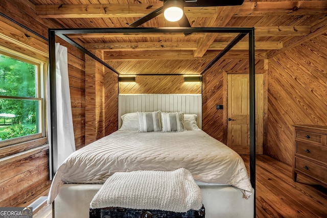 121 Samples Rd, Forsyth, GA 31029 - bedroom with wood walls, wood finished floors, and wood ceiling with exposed beams