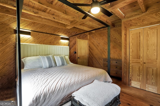 121 Samples Rd, Forsyth, GA 31029 - bedroom featuring wood walls, wood-type flooring, wood ceiling with exposed beams, and ceiling fan