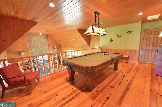 2025 Chicken Rd, Dudley, GA 31022 - rec room featuring wood ceiling, wood walls, a wainscoted wall, wood-type flooring, and billiards table