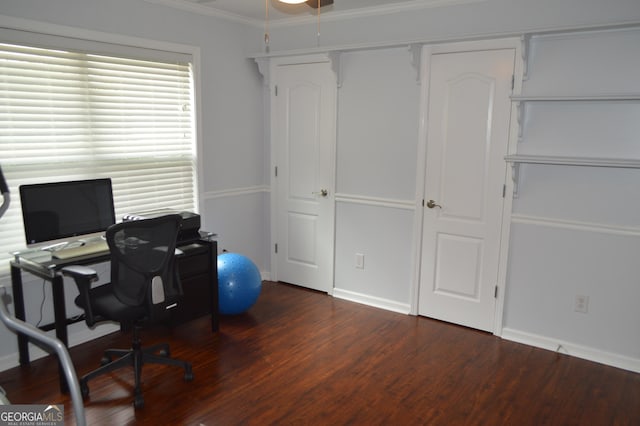 5427 Woodstream Ct, Gainesville, GA 30507 - office with dark wood-style floors, crown molding, and baseboards