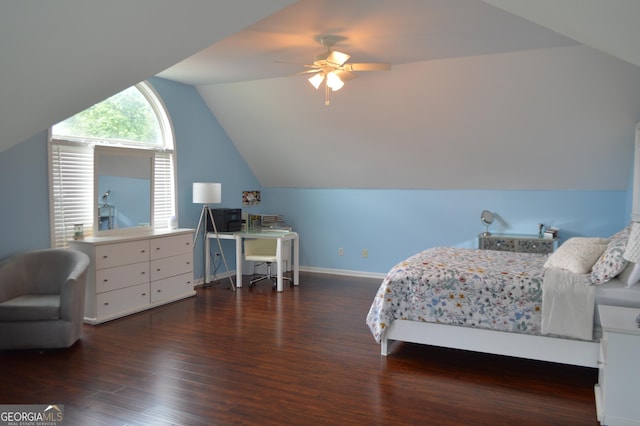 5427 Woodstream Ct, Gainesville, GA 30507 - bedroom with wood finished floors, lofted ceiling, baseboards, ceiling fan, and an office area