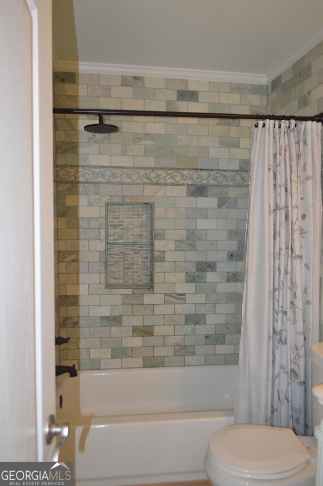 5427 Woodstream Ct, Gainesville, GA 30507 - bathroom with ornamental molding, toilet, and shower / bath combo