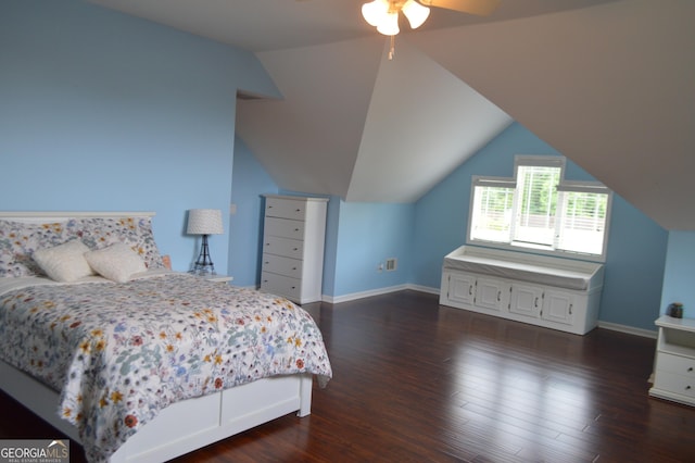 5427 Woodstream Ct, Gainesville, GA 30507 - bedroom featuring dark wood-type flooring, baseboards, lofted ceiling, and ceiling fan