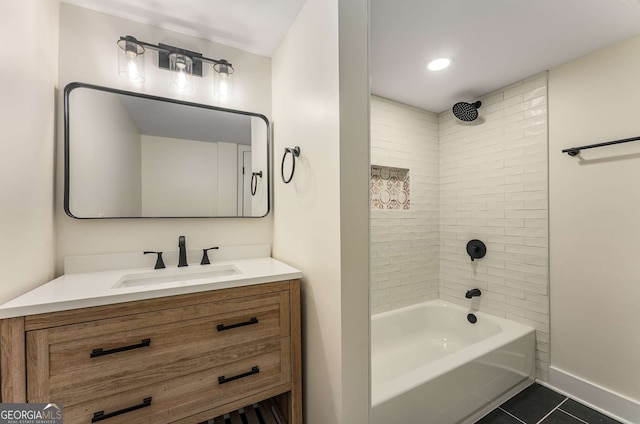 1364 Willis Mill Rd SW, Atlanta, GA 30311 - bathroom featuring tile patterned floors, vanity, tub / shower combination, recessed lighting, and baseboards