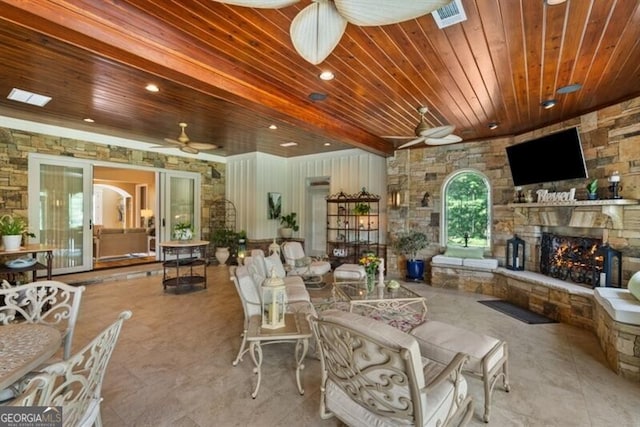 37 Retreat Rdg, Cartersville, GA 30120 - living area featuring ceiling fan, wood ceiling, a stone fireplace, and recessed lighting