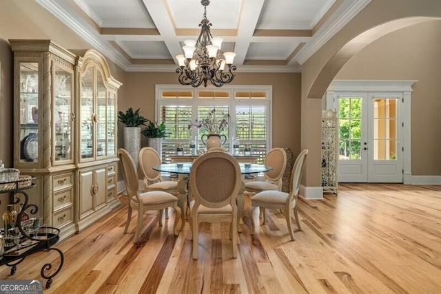 37 Retreat Rdg, Cartersville, GA 30120 - dining area with arched walkways, a chandelier, french doors, light wood-style floors, and beamed ceiling