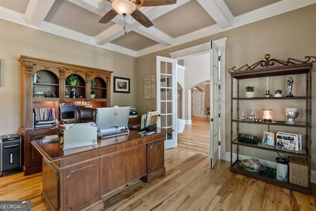 37 Retreat Rdg, Cartersville, GA 30120 - home office with a ceiling fan, coffered ceiling, beamed ceiling, light wood-style flooring, and arched walkways