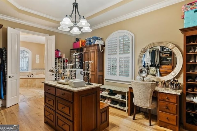 37 Retreat Rdg, Cartersville, GA 30120 - home office with light wood-type flooring, a chandelier, ornamental molding, and a raised ceiling