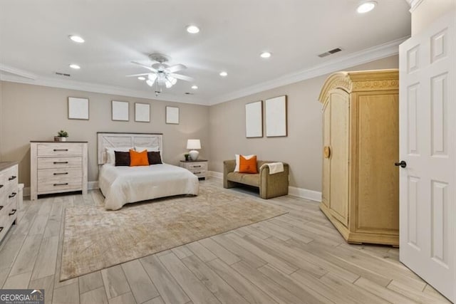 37 Retreat Rdg, Cartersville, GA 30120 - bedroom featuring light wood-style flooring, ornamental molding, recessed lighting, and a ceiling fan