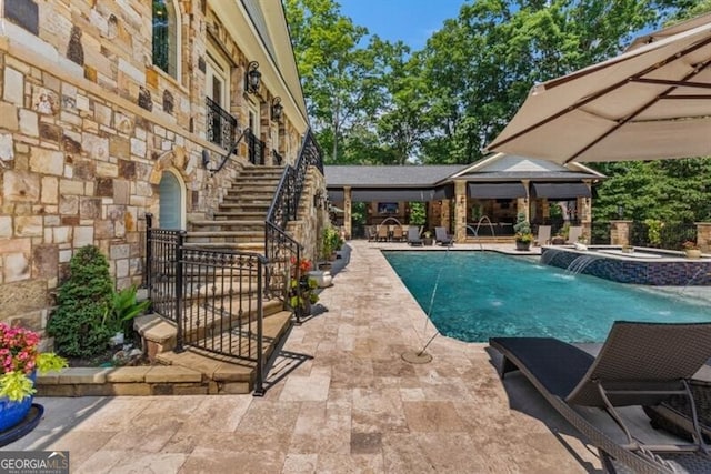 37 Retreat Rdg, Cartersville, GA 30120 - view of swimming pool featuring a gazebo, stairs, a patio, and a pool with connected hot tub