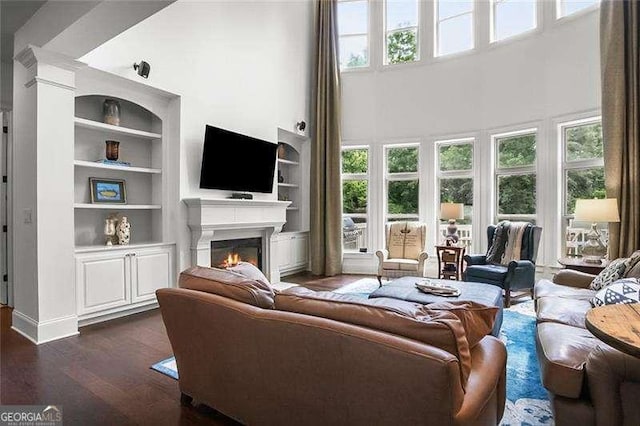 715 Creekside Bnd, Alpharetta, GA 30004 - living area with a glass covered fireplace, plenty of natural light, a towering ceiling, dark wood finished floors, and built in features